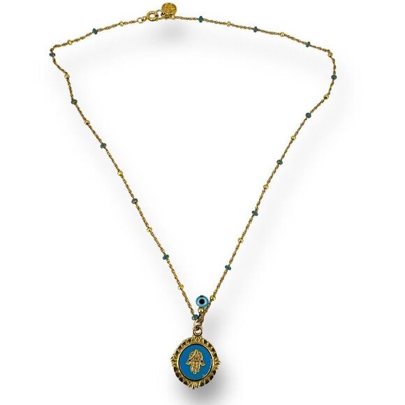 Hamsa Pendant with Evil Eye Dangle Bead Dainty Necklace Gold Plated Chain 17.5" - Picture 6 of 7
